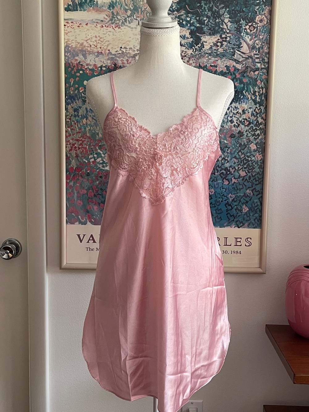 Vintage Slip Dress Small Pink Satin Lace Coquette Fairy Bridal Nightgown 90s